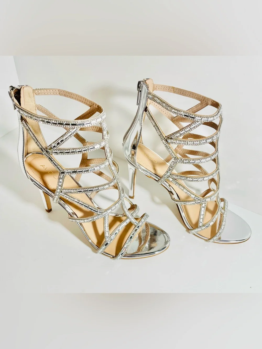 ALDO Silver Crystal Sandal Heels
